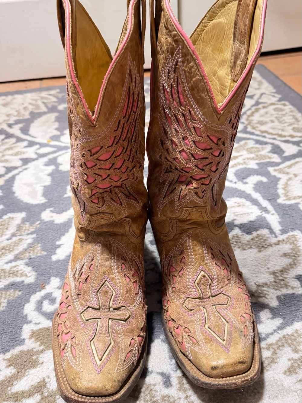 Women’s Brown Leather Cowboy Boots with Pink Accents corral